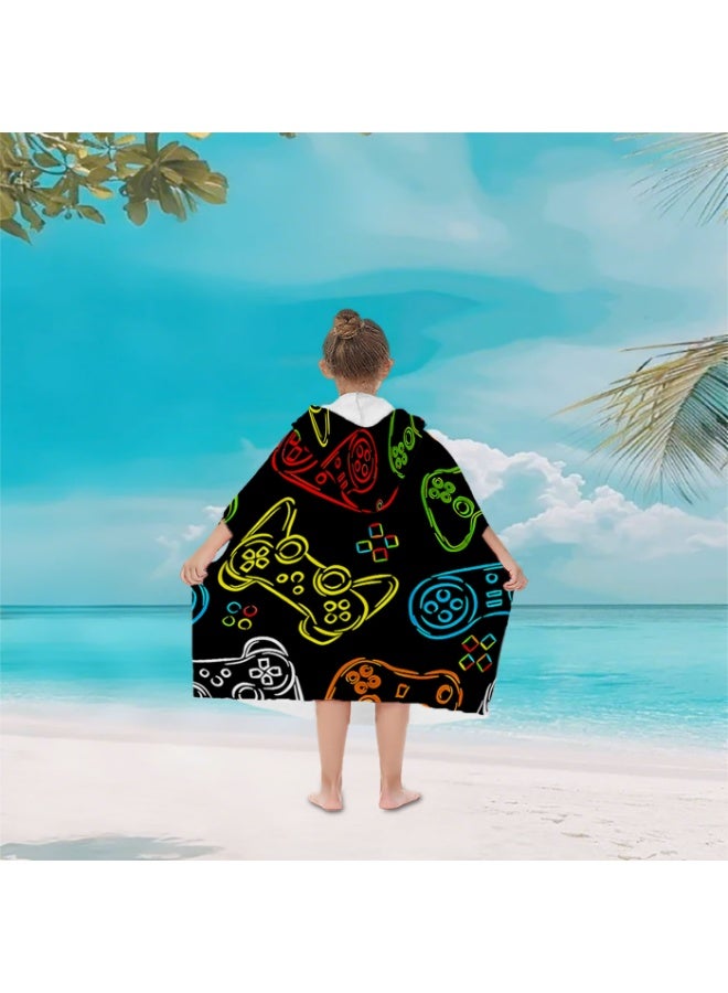 Solid Black Base Full Printed Neon Color Game Controller Graffiti Unisex Kids Hooded Quick Dry Poncho Towel, Polyester Soft Water Absorbent Loose Windproof Bath Wrap for All Kids, Ideal for Beach, Swimming Pool, Hot Spring & Daily Shower - Image 4