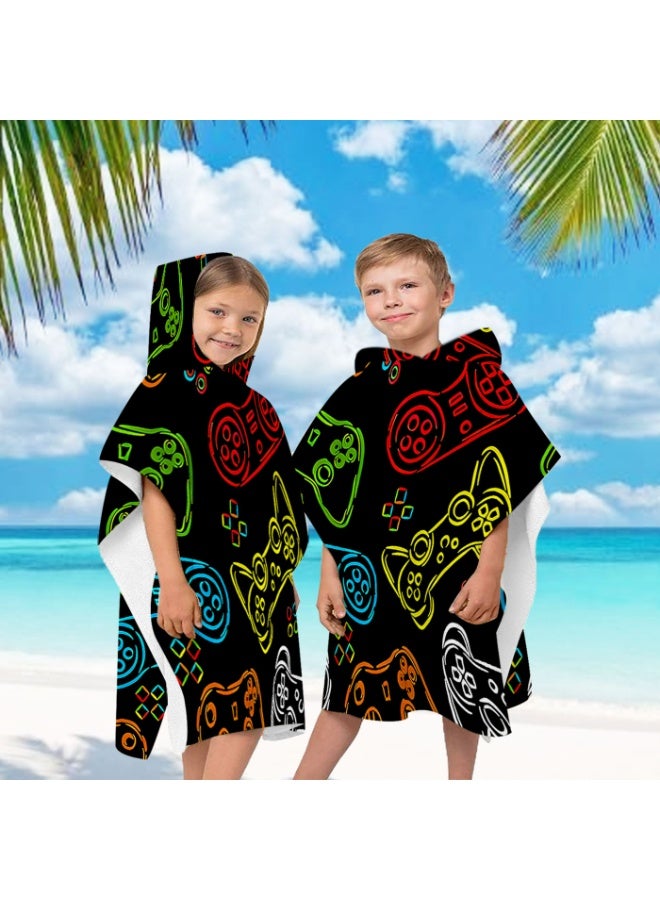 Solid Black Base Full Printed Neon Color Game Controller Graffiti Unisex Kids Hooded Quick Dry Poncho Towel, Polyester Soft Water Absorbent Loose Windproof Bath Wrap for All Kids, Ideal for Beach, Swimming Pool, Hot Spring & Daily Shower - Image 2