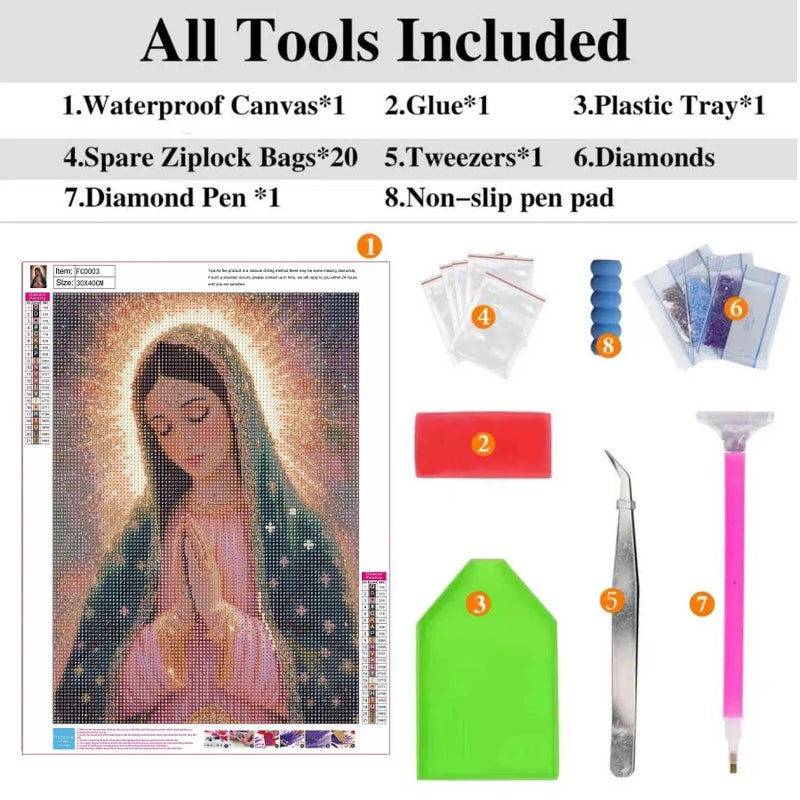 ckdiluy Virgin Mary Diamond Art Kits for Adults Beginners, 5D DIY Religion Diamond Painting Kits, Full Round Drill Diamonds Dots Gem Art Crystal, Home Wall Decor 12X16 Inch - Image 4