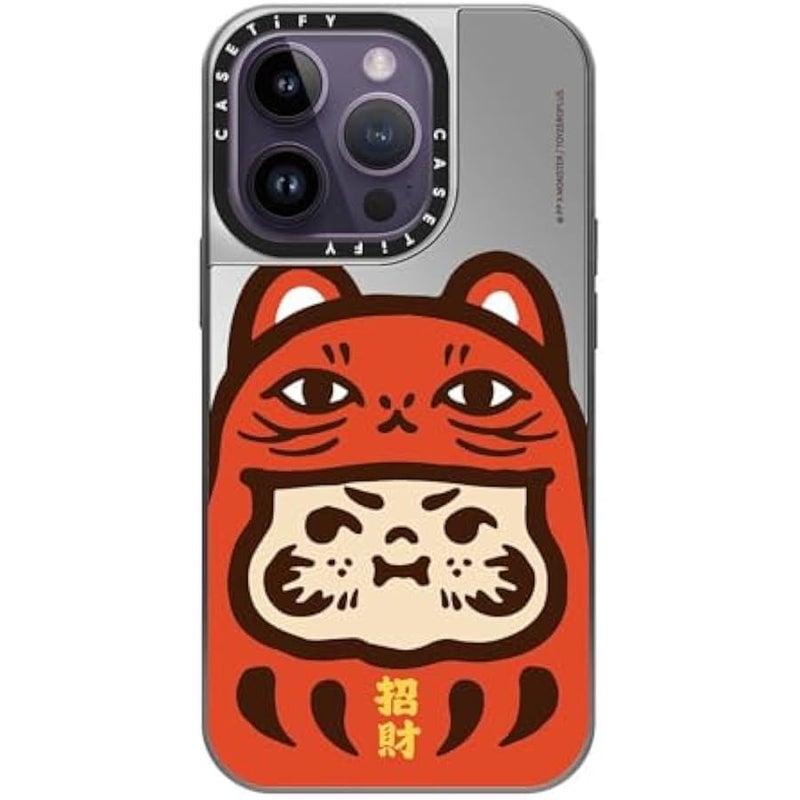 Casetify Mirror Case for iPhone 14 Pro Compatible with Magsafe - PP Baby Lucky Cat Daruma Red - Silver on Silver - Image 2