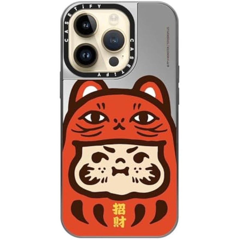 Casetify Mirror Case for iPhone 14 Pro Compatible with Magsafe - PP Baby Lucky Cat Daruma Red - Silver on Silver - Image 4