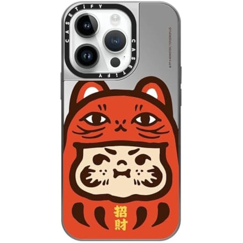 Casetify Mirror Case for iPhone 14 Pro Compatible with Magsafe - PP Baby Lucky Cat Daruma Red - Silver on Silver - Image 1