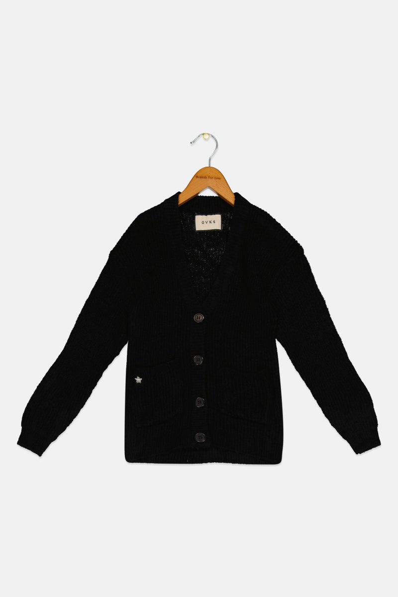 Overkids Kids Girl Knitted Long Sleeve Cardigan, Black  - Image 1