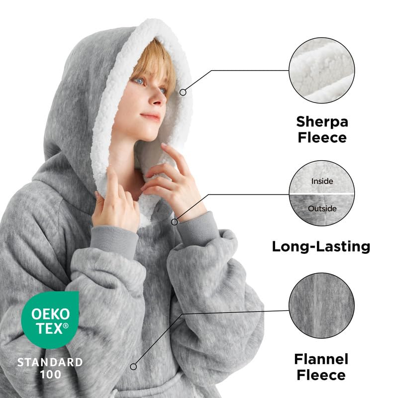Bedsure Bedsure Oversized Wearable Blanket Hoodie - Long Sherpa Hooded Blanket for Adult Women Men  Warm Cozy Big Blanket Sweatshirt with Giant Pocket and Belt  Winter Gifts for Men  Oversize  Concrete Grey  - Image 2