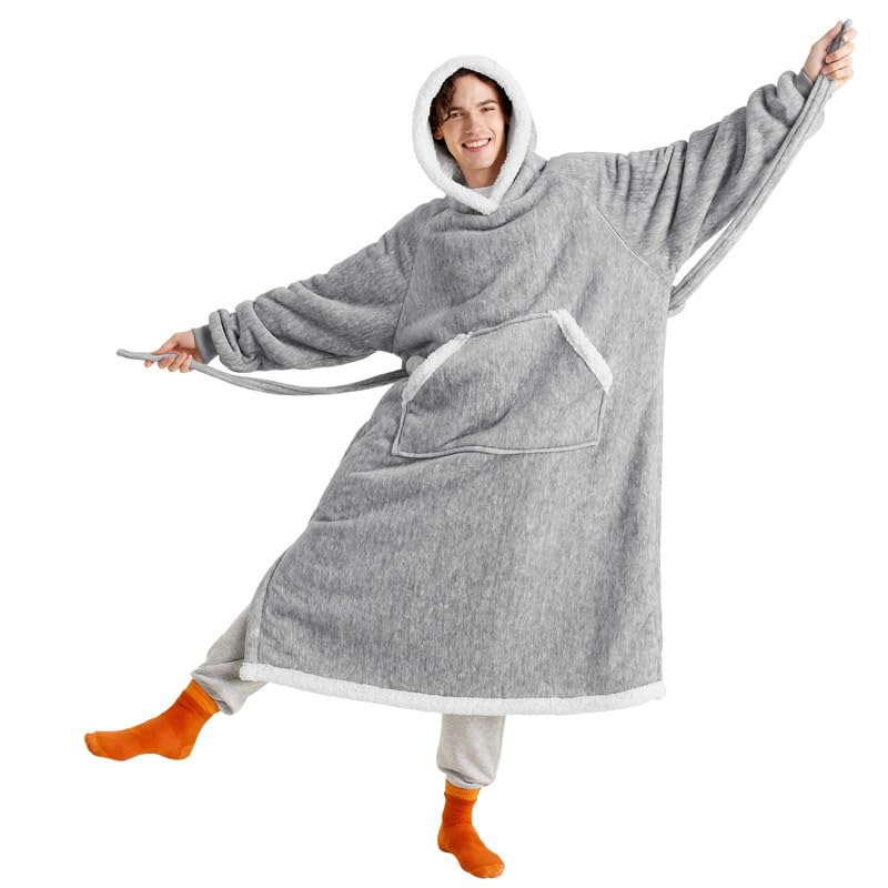 Bedsure Bedsure Oversized Wearable Blanket Hoodie - Long Sherpa Hooded Blanket for Adult Women Men  Warm Cozy Big Blanket Sweatshirt with Giant Pocket and Belt  Winter Gifts for Men  Oversize  Concrete Grey  - Image 1