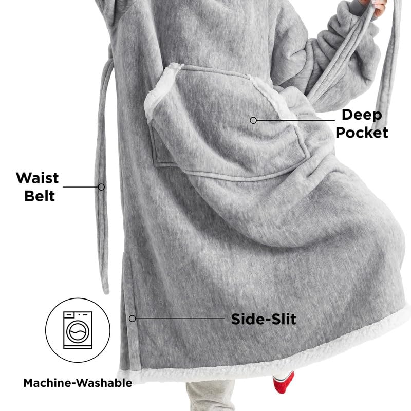 Bedsure Bedsure Oversized Wearable Blanket Hoodie - Long Sherpa Hooded Blanket for Adult Women Men  Warm Cozy Big Blanket Sweatshirt with Giant Pocket and Belt  Winter Gifts for Men  Oversize  Concrete Grey  - Image 3