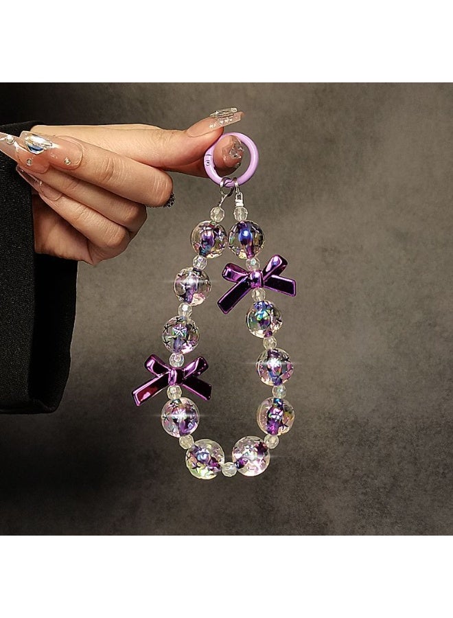 NIBEMINENT Beaded Phone Lanyard, Anti Lost Removable Wrist Strap, Beaded Bow Purple Bracelet Pendant, Phone Keychain Lanyard - Image 1
