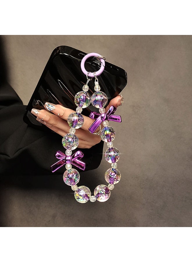 NIBEMINENT Beaded Phone Lanyard, Anti Lost Removable Wrist Strap, Beaded Bow Purple Bracelet Pendant, Phone Keychain Lanyard - Image 2