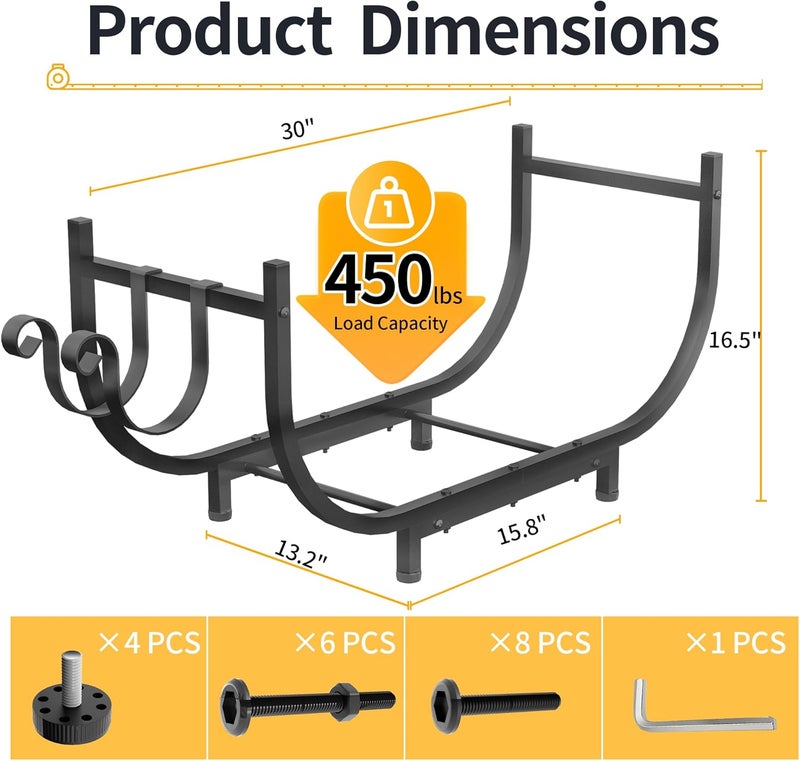 PROWORX Curved Firewood Rack Outdoor Indoor, Black 30 Inch Rustproof Fire Wood Storage Organizer, Metal Fireplace Log Holder with Removable Kindling Hooks - Image 5