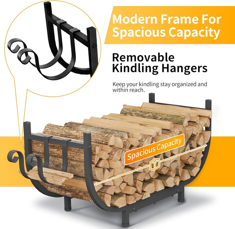 PROWORX Curved Firewood Rack Outdoor Indoor, Black 30 Inch Rustproof Fire Wood Storage Organizer, Metal Fireplace Log Holder with Removable Kindling Hooks - Image 4