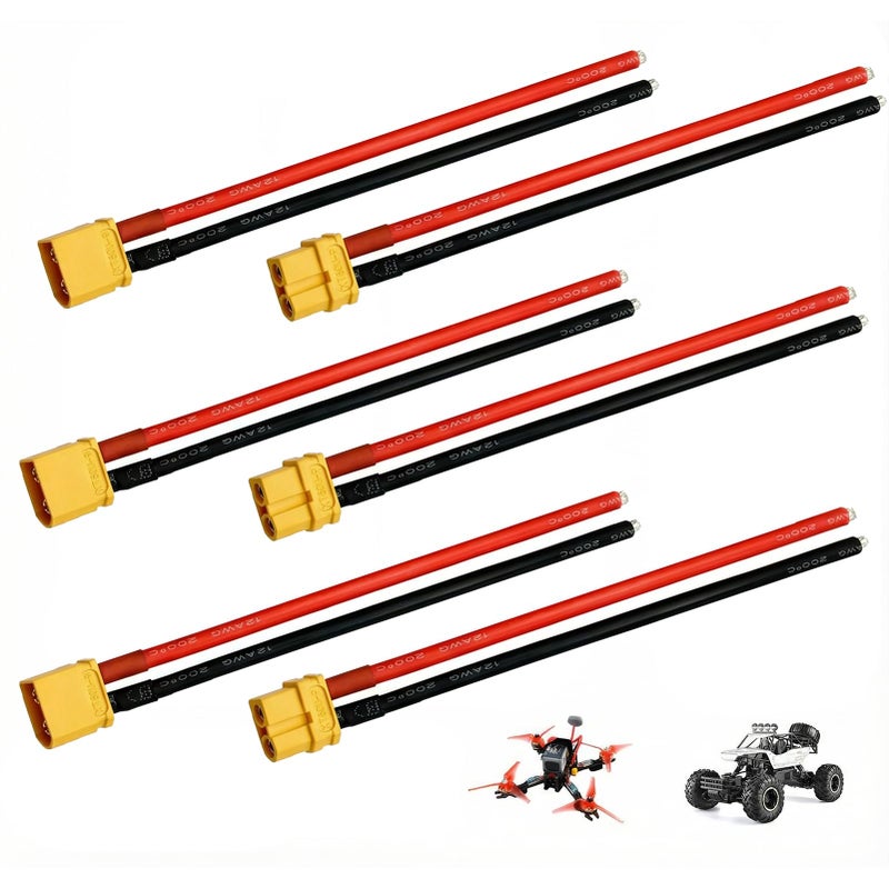 MILAKE 6 Pcs XT60 Connector Plug Cable with Plug and Socket Pigtail Leads XT 60 Connector Adapter with 12AWG 100 mm UltraFlexible Silicone Wire Suitable for RC LiPo Battery Drone Car Boat - Image 3