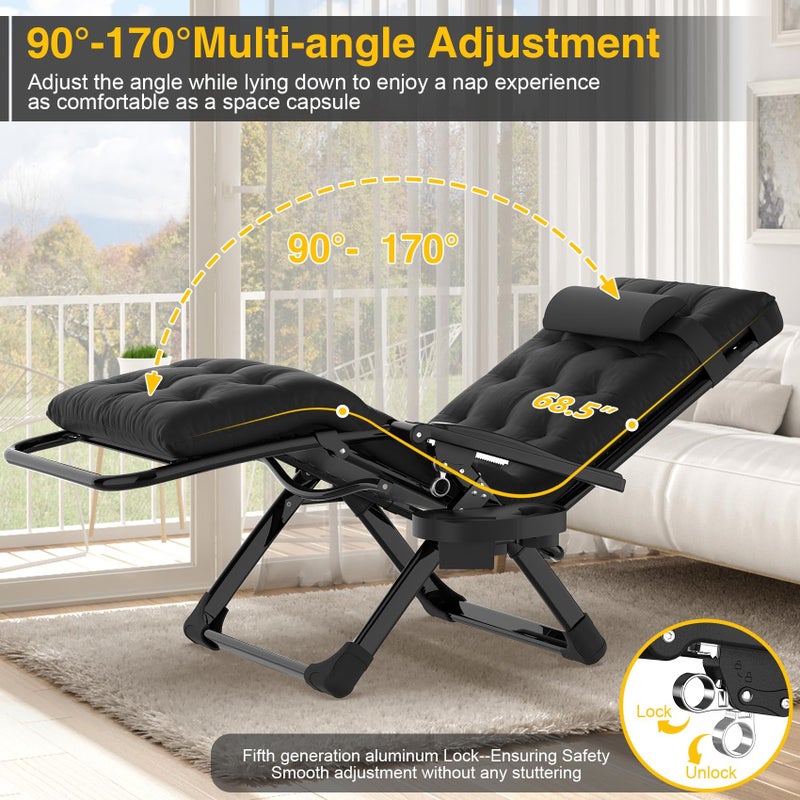 Suteck Zero Gravity Chair, Reclining Camping Lounge Chair with Aluminum Alloy Lock, Folding Patio Recliner w/Removable Pad, Adjustable Headrest and Side Tray for Outdoor Patio, Lawn, and Camping - Image 4