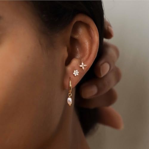 Krfy 3 Pairs Dainty 14K Gold Plated Pearl Earrings for Women - Cartilage Earring Sterling Silver Post Hypoallergenic Earring Sets for Multiple Piercing - Image 5