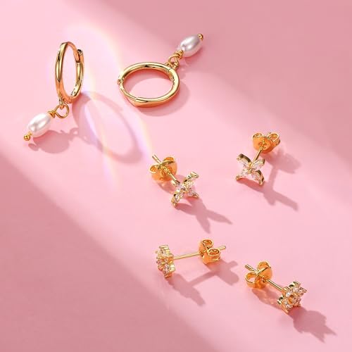 Krfy 3 Pairs Dainty 14K Gold Plated Pearl Earrings for Women - Cartilage Earring Sterling Silver Post Hypoallergenic Earring Sets for Multiple Piercing - Image 3