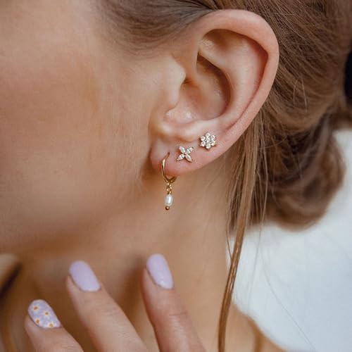 Krfy 3 Pairs Dainty 14K Gold Plated Pearl Earrings for Women - Cartilage Earring Sterling Silver Post Hypoallergenic Earring Sets for Multiple Piercing - Image 2