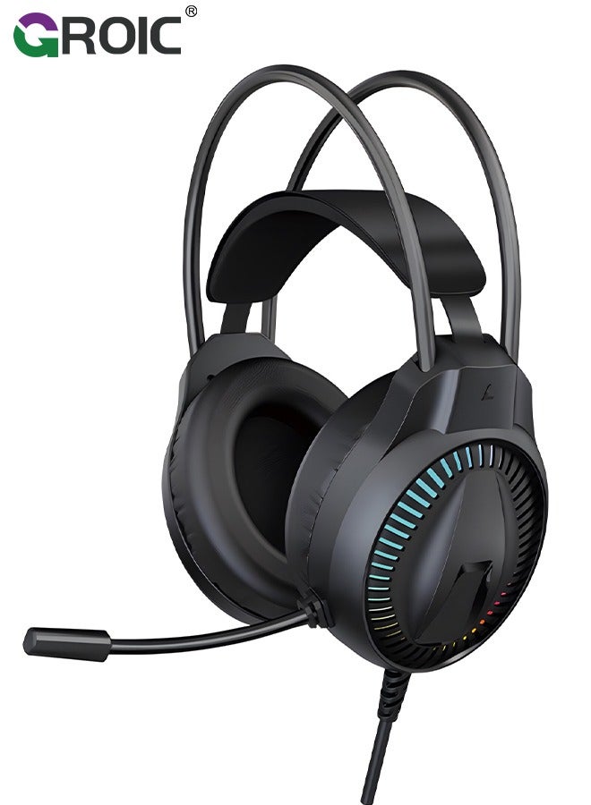 GROIC Black Gaming Over Ear Headphone, Suspension Headband, 50Mm Neodymium Drivers, Padded Headband, Lightweight & Comfortable, RGB Lights, Flexible Mic  - Image 1