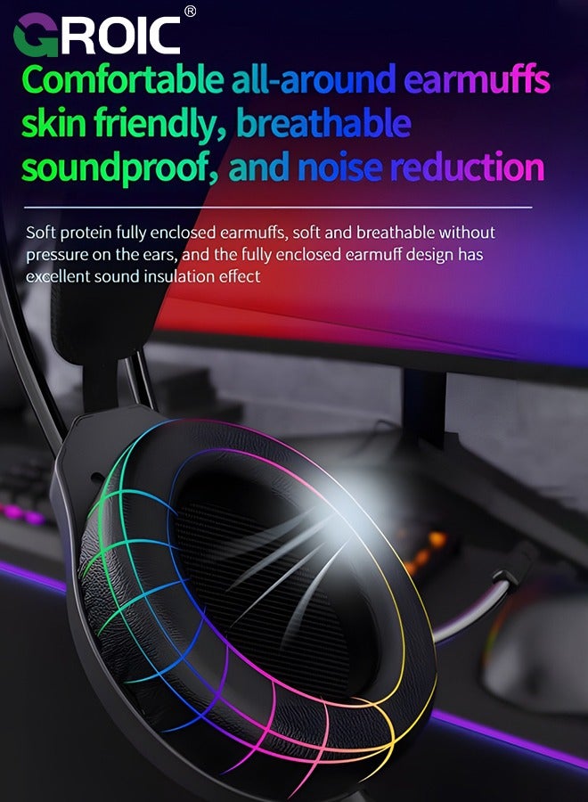 GROIC Black Gaming Over Ear Headphone, Suspension Headband, 50Mm Neodymium Drivers, Padded Headband, Lightweight & Comfortable, RGB Lights, Flexible Mic  - Image 3