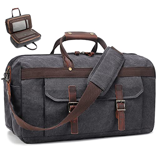 SOAEON Duffle Bag for Men Waterproof Genuine Leather Canvas Travel Duffel Bags for Women Overnight Weekender Bag for Traveling, Black - Image 1