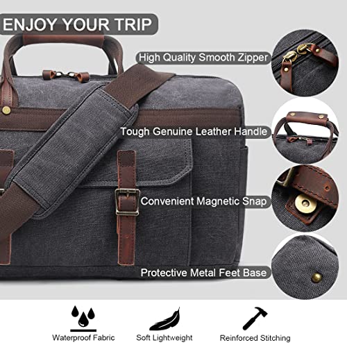 SOAEON Duffle Bag for Men Waterproof Genuine Leather Canvas Travel Duffel Bags for Women Overnight Weekender Bag for Traveling, Black - Image 4
