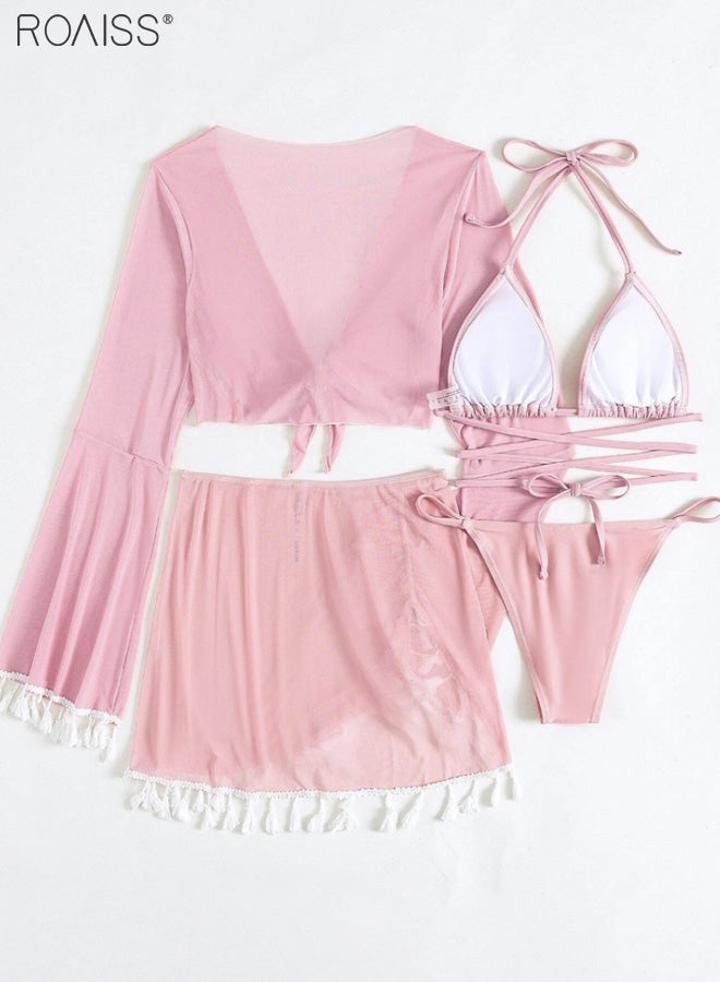 roaiss 4-Piece Women's Bikini Swimsuit Chiffon Tassel Sun Protection Shirt Split Short Skirt Fine Strap Buckle Design Bra Bikini - Image 4