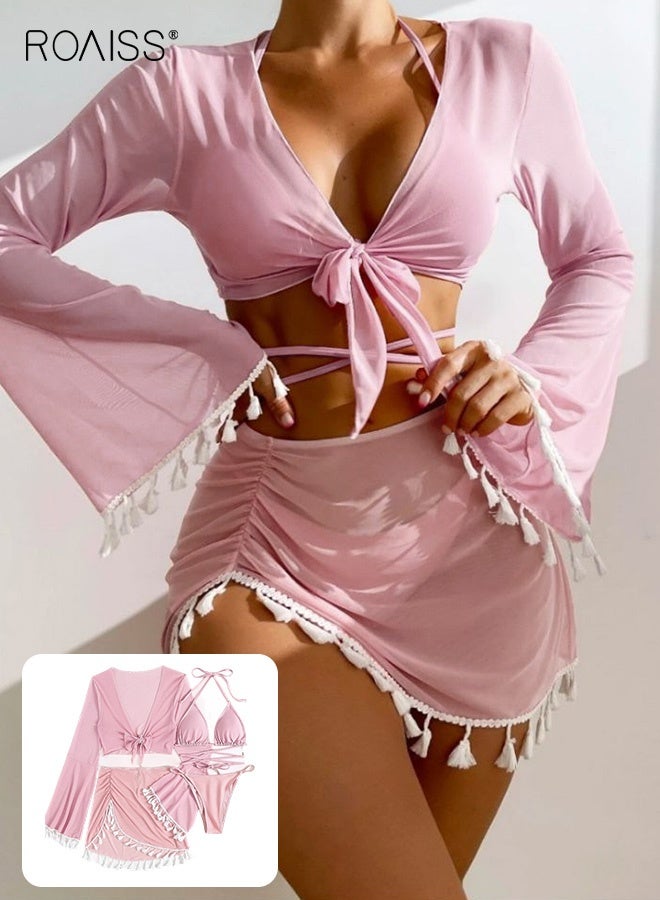 roaiss 4-Piece Women's Bikini Swimsuit Chiffon Tassel Sun Protection Shirt Split Short Skirt Fine Strap Buckle Design Bra Bikini - Image 1