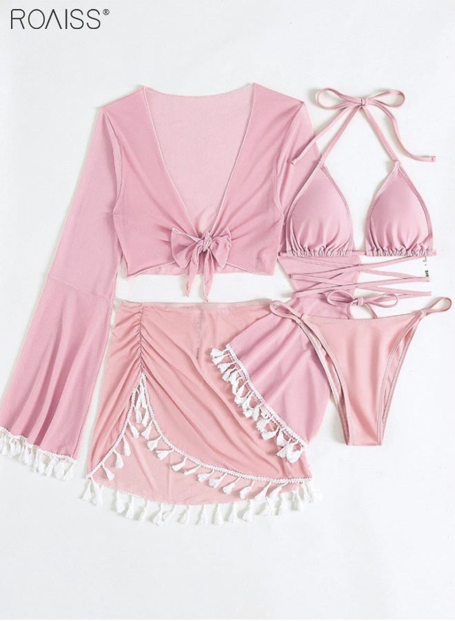 roaiss 4-Piece Women's Bikini Swimsuit Chiffon Tassel Sun Protection Shirt Split Short Skirt Fine Strap Buckle Design Bra Bikini - Image 3