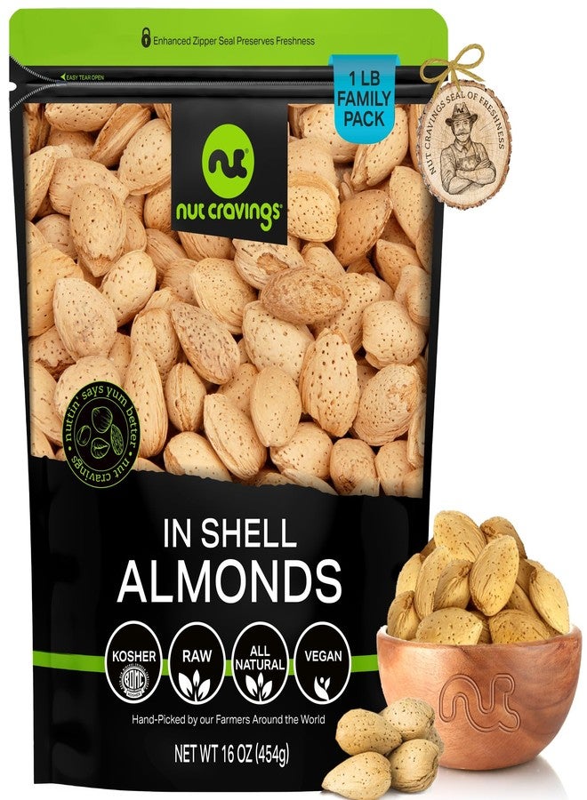 NUT CRAVINGS - In Shell Almonds - Raw, Whole, (16oz - 1 LB) Packed Fresh in Resealable Bag - Nut Snack - Food Assortments Ideal for Trail Mixed Nuts - Image 1