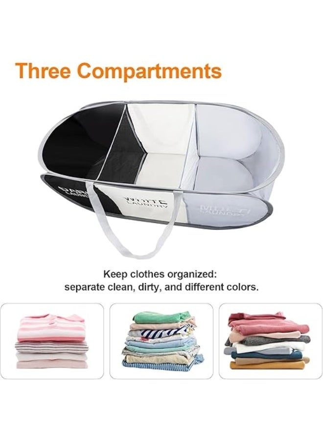 3-Section Foldable Hamper for Laundry, Collapsible Laundry Baskets with Easy Carry Handles, Space-Saving Clothes Pop Up Hamper with Dark/Light/Color Sorting Labels for Home, Travel, Dorm 80*36*36cm - Image 3