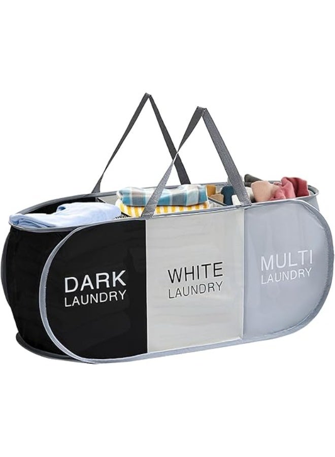 3-Section Foldable Hamper for Laundry, Collapsible Laundry Baskets with Easy Carry Handles, Space-Saving Clothes Pop Up Hamper with Dark/Light/Color Sorting Labels for Home, Travel, Dorm 80*36*36cm - Image 1