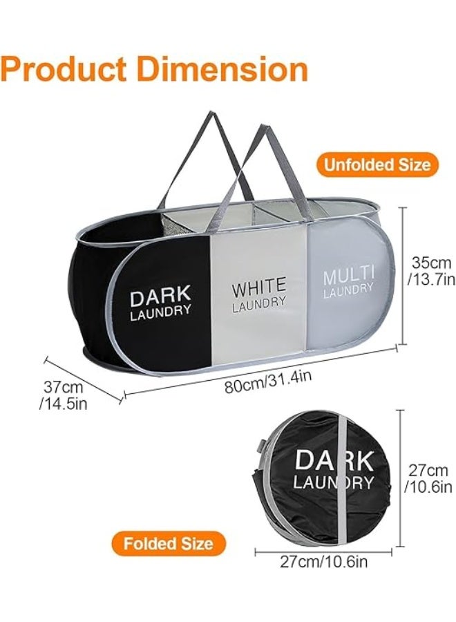 3-Section Foldable Hamper for Laundry, Collapsible Laundry Baskets with Easy Carry Handles, Space-Saving Clothes Pop Up Hamper with Dark/Light/Color Sorting Labels for Home, Travel, Dorm 80*36*36cm - Image 2