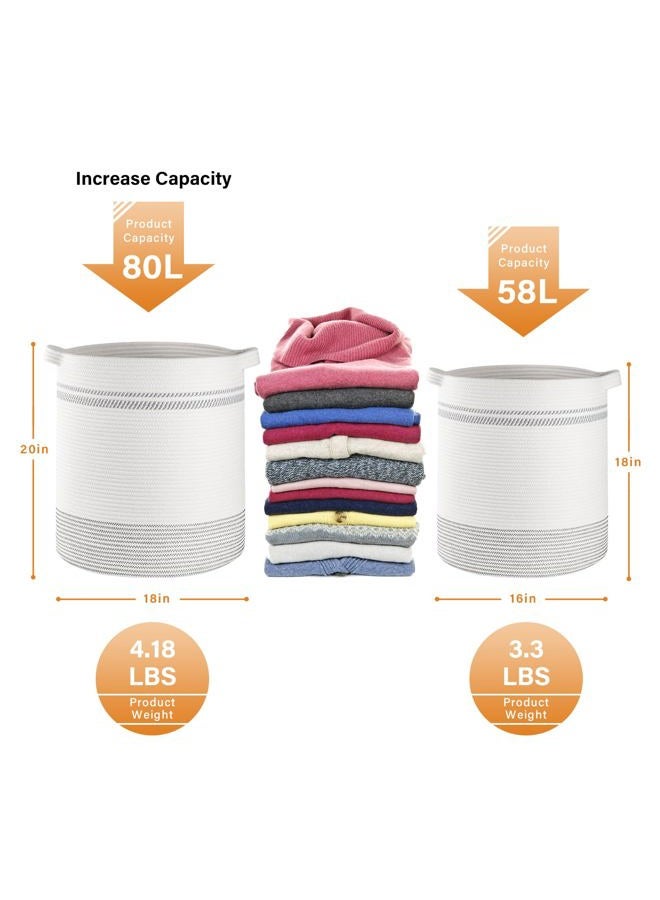 OIAHOMY 80L Laundry Basket, Laundry Hamper, Cotton Rope Storage Basket with Handles, Decorative Woven Basket for Living Room,Storage Baskets for Clothes, Blankets, and Toys -20"×18"-White&Black - Image 4