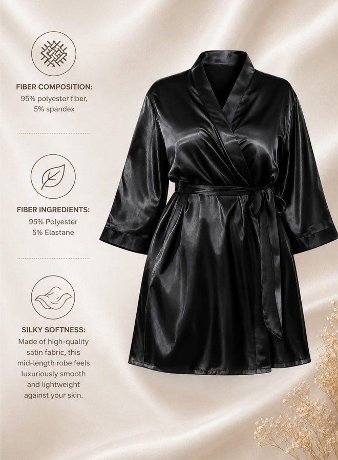 MARGOUN Women's XL/2XL Size Pure Short Satin Robes Bridesmaid and Bride Silky Robes Sleepwear Soft Dressing Gown Bride Pajamas Morning Robe Mid-Length Nightdress Black - Image 5