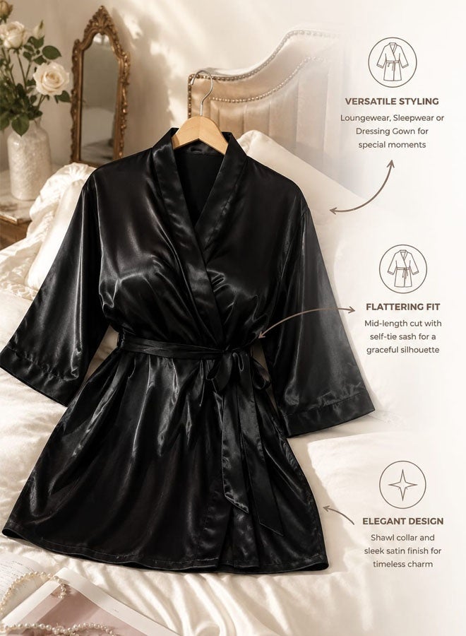 MARGOUN Women's XL/2XL Size Pure Short Satin Robes Bridesmaid and Bride Silky Robes Sleepwear Soft Dressing Gown Bride Pajamas Morning Robe Mid-Length Nightdress Black - Image 4
