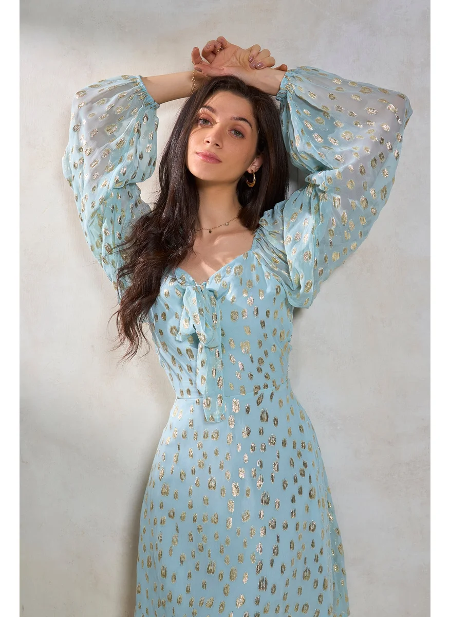 Virgio Virgio Self Design Tie Up Neck Puff Sleeves Fit and Flare Dress
