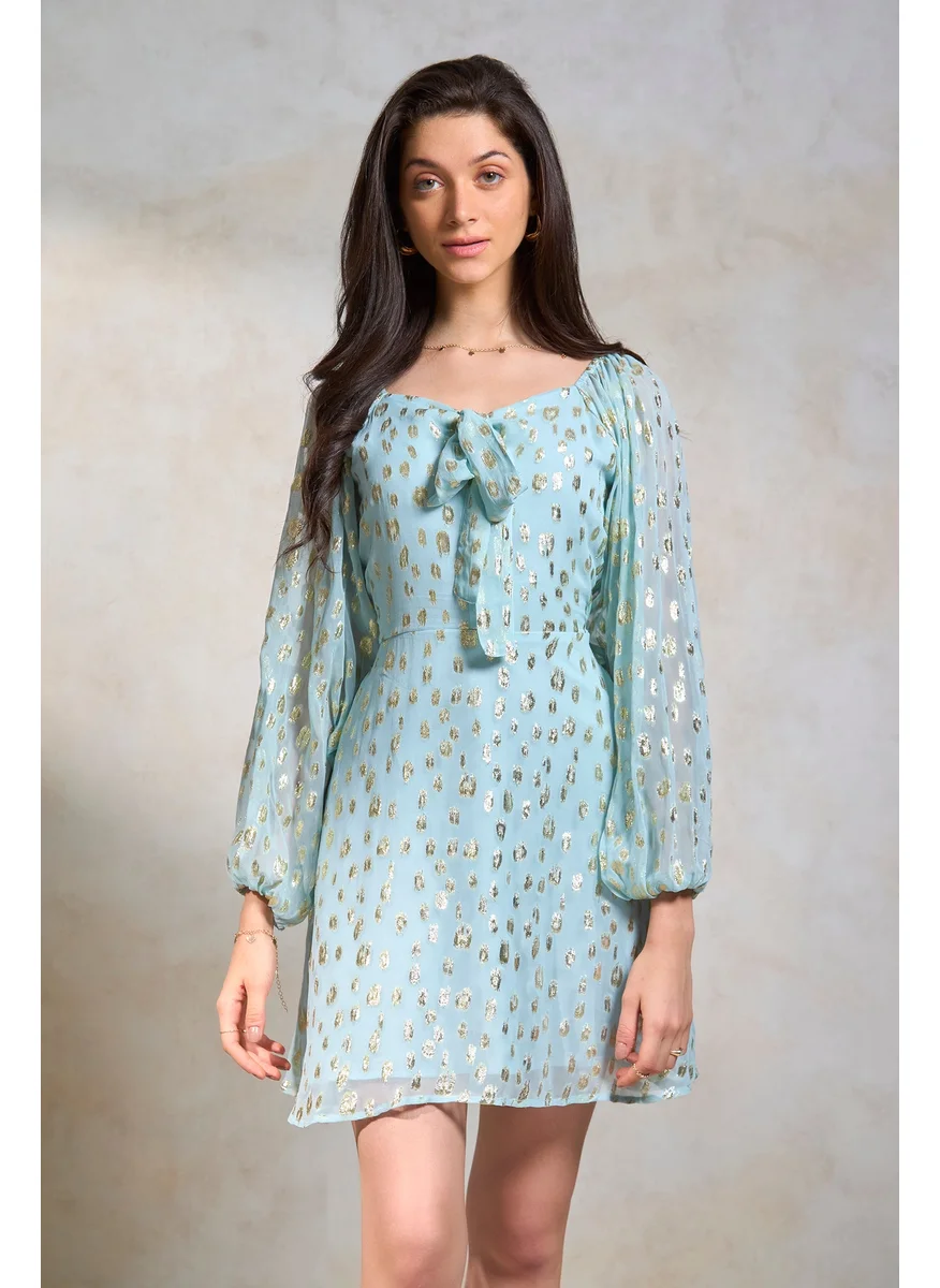 Virgio Virgio Self Design Tie Up Neck Puff Sleeves Fit and Flare Dress