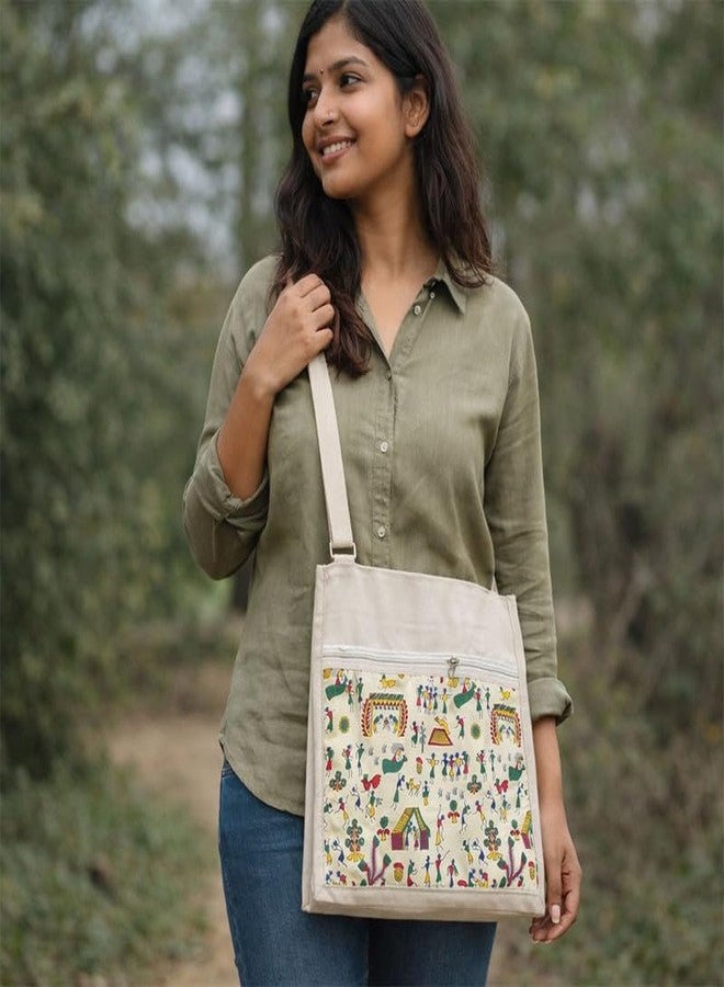 PrintingZone College Office Sling Bag | Front Zip Pocket & Inner Small Pocket | 15kg Capacity Durable Canvas Cotton Shoulder Bag for Daily Use Travel Office College (White Sling Bag150) - Image 2
