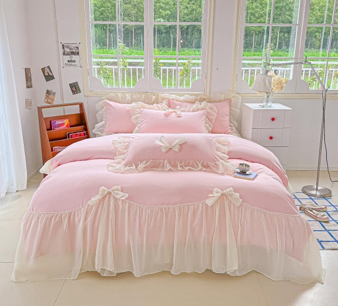 CHIC LACE BEDDINGGIRLS TWIN AESTHETIC COMFORTER COVER SETROMANTIC FRENCH PRINCESS STYLE RUFFLED DUVET COVER WITH LOVELY BOW WITH ZIPPER CLOSUREPINKTWIN SIZE