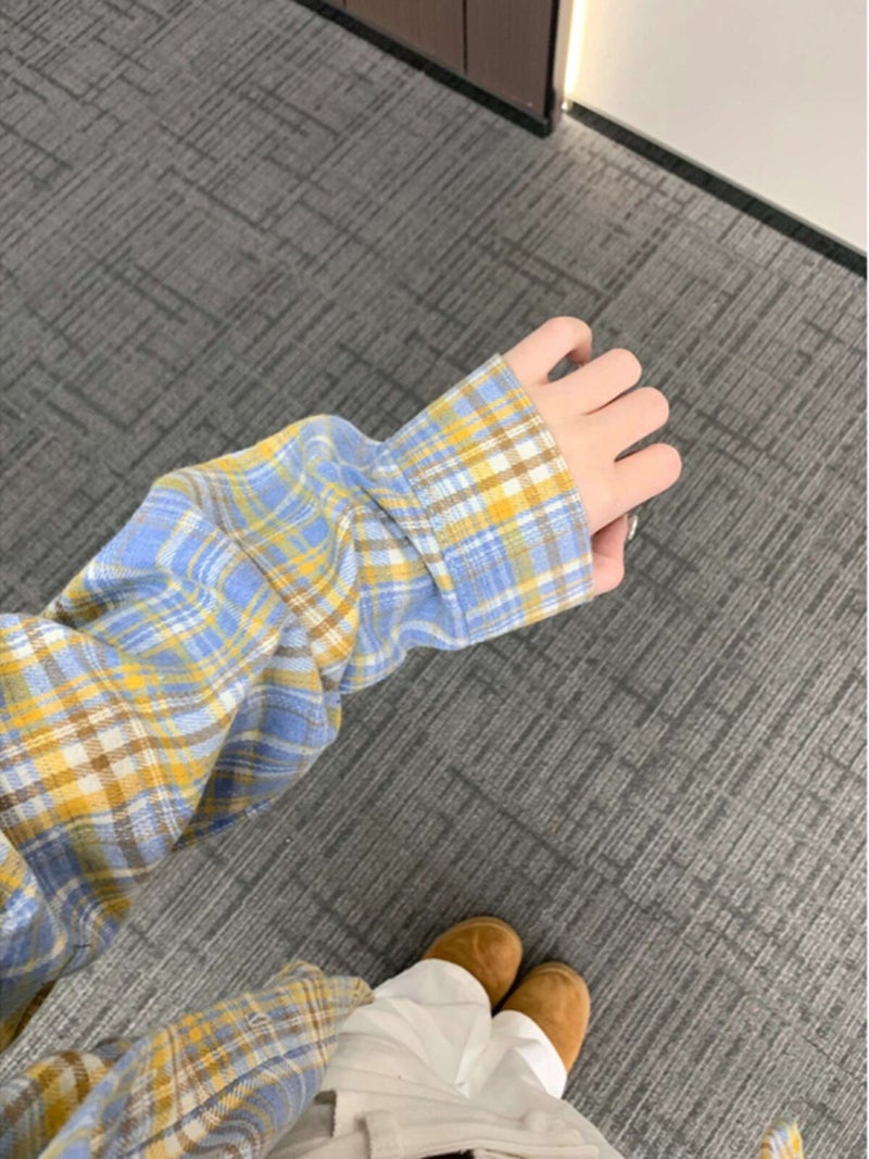 Autumn new blue plaid shirt men's and women's long-sleeved loose student versatile casual shirt jacket American retro - Image 3
