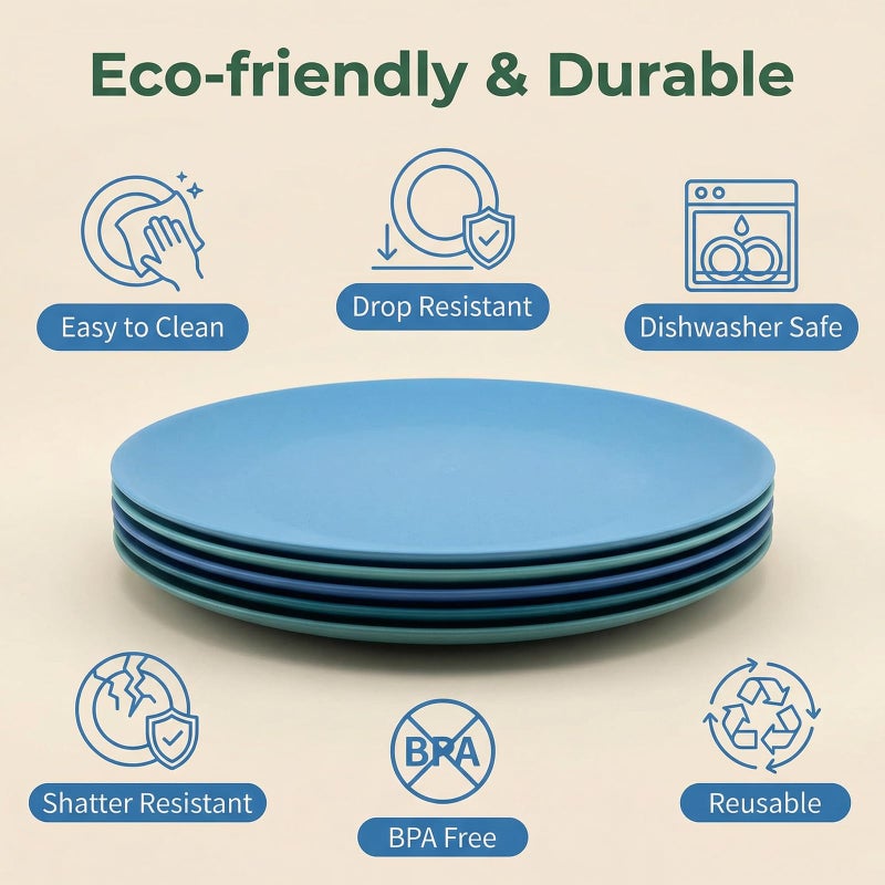 WEXINHAO 10 inch Wheat Straw Plates, Unbreakable Flat Dinner Plate Set of 8, BPA Free Dishwasher & Microwave Safe Reusable Salad Camping for Kids Kitchen (4 Color) - Image 3