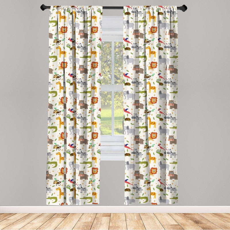 Ambesonne Cartoon Animal Window Curtains Pack of 2  Australian Fauna Silly Faces Savannah Lion Crocodile Repetitive Pattern  Lightweight Set with Rod Pocket  4 Panels of - 28"" x 63""  Yellow Grey - Image 2