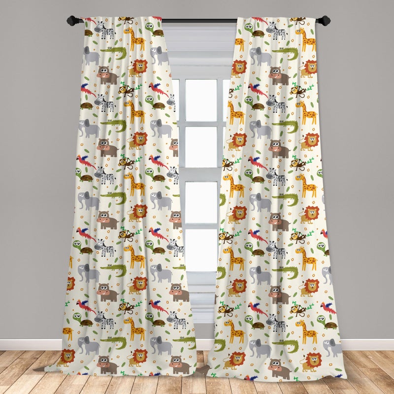 Ambesonne Cartoon Animal Window Curtains Pack of 2  Australian Fauna Silly Faces Savannah Lion Crocodile Repetitive Pattern  Lightweight Set with Rod Pocket  4 Panels of - 28"" x 63""  Yellow Grey - Image 3