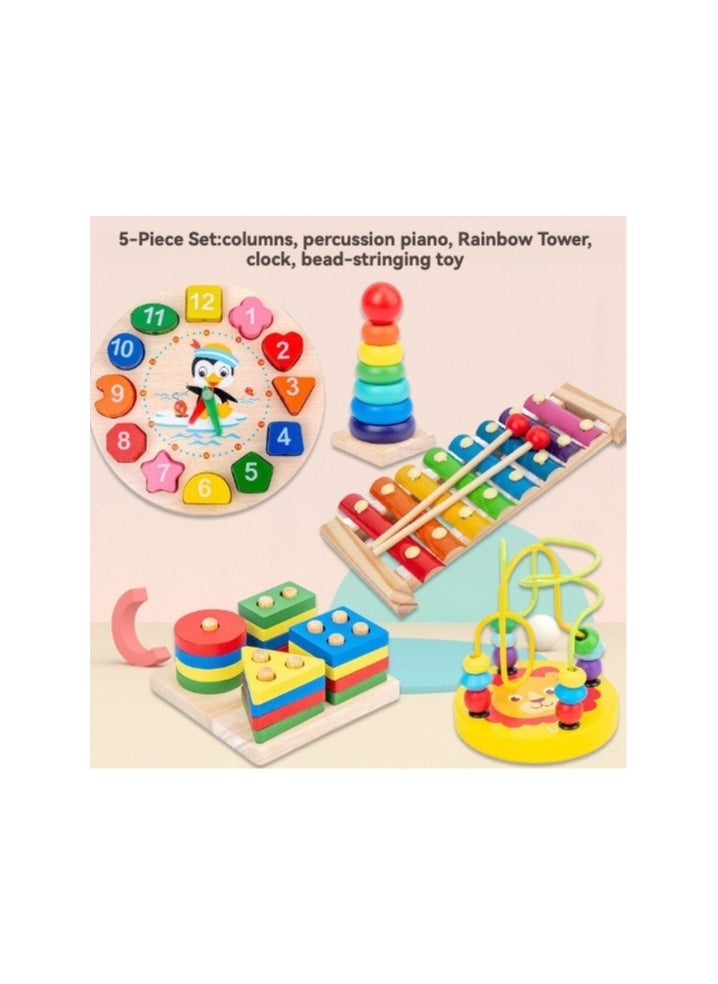 Wooden Montessori early education building blocks toy, 5-piece set, four-pillar, knocking piano, rainbow tower, clock, beads, baby and children's gifts  - Image 1