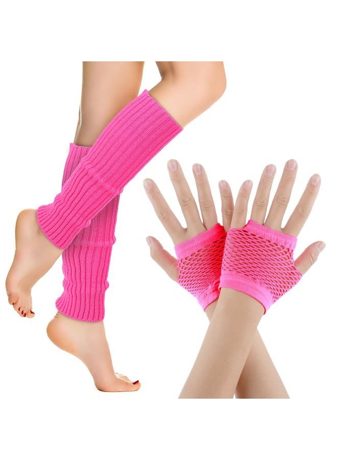 Yolev Neon Leg Warmers and Fishnet Gloves Set 80s Fancy Dress Costume Accessory Stretchy for Party Costume Accessories and Sports Yoga Supplies（Rose Red）  - Image 1