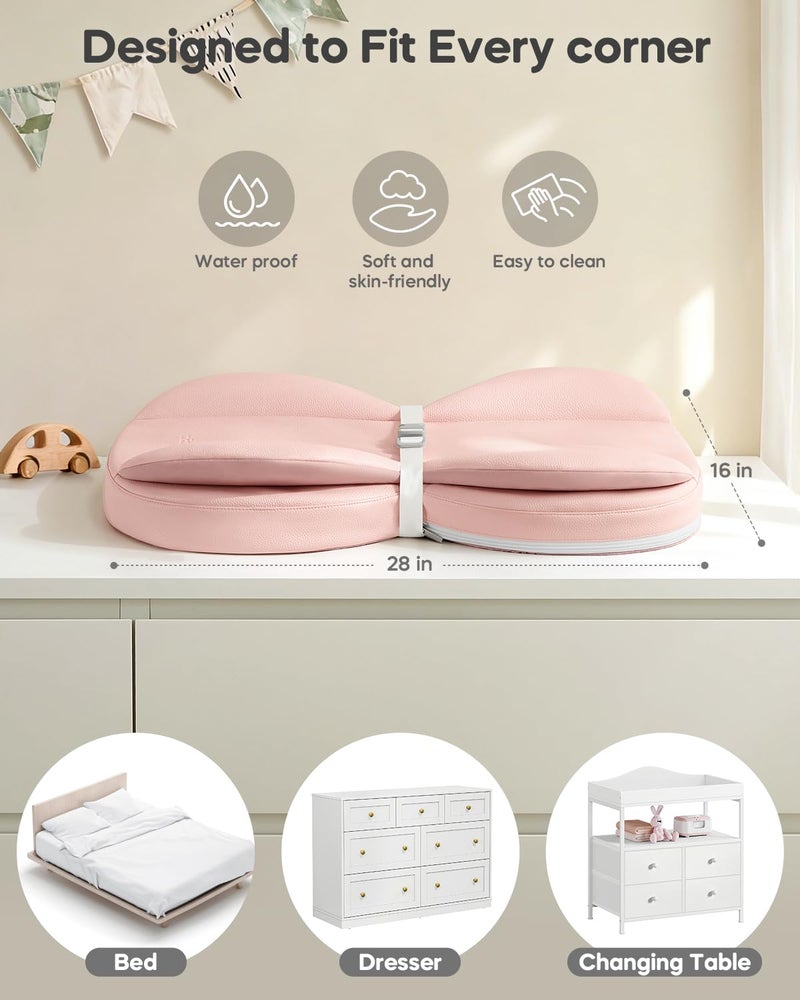 mamatepe Baby Changing Pad with Waterproof & Wipe-Clean, Non-Slip Foldable PU Diaper Changing Pad, Adjustable Safety Belt, Changing Pad for Dresser, Changing Table,28"X16",Pink - Image 3