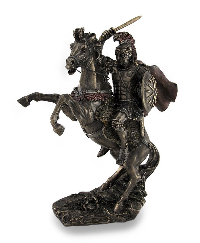 ALEXANDER THE GREAT RIDING BUCEPHALUS BRONZED SCULPTURAL STATUE