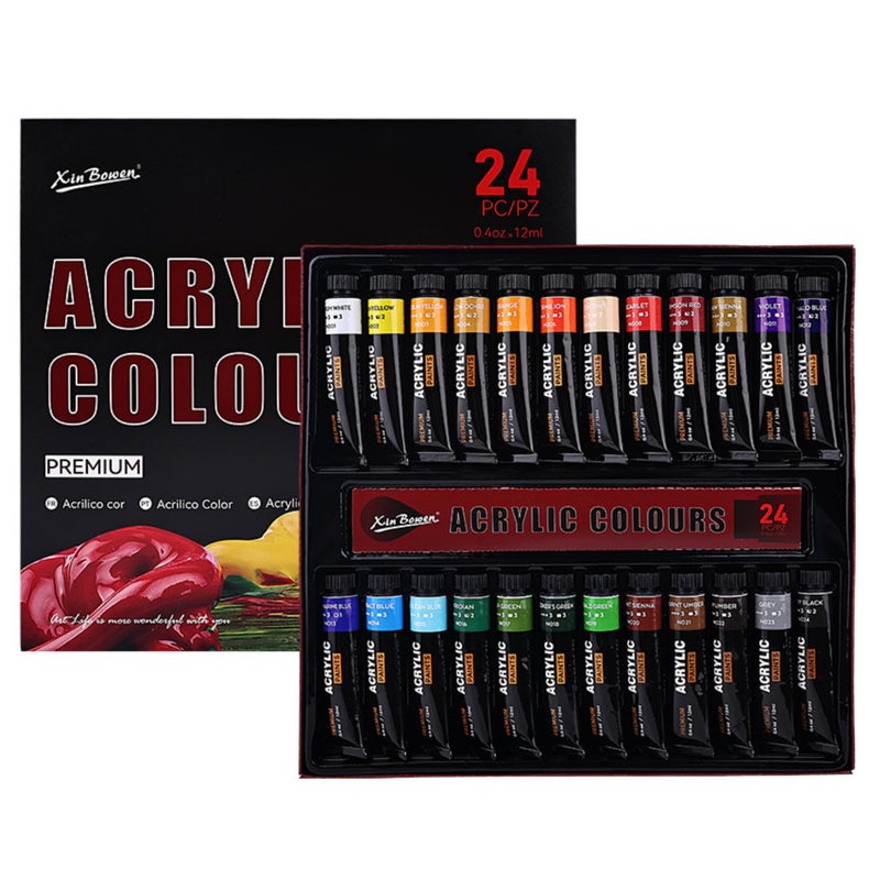 INOG XinBowen Premium Acrylic Paint Set - 24 Acrylic Paint Tubes (12ml) - Premium, Vibrant, Non-Toxic Pigments for Canvas, Glass, Plastic, Rocks, Arts and Crafts - Image 1