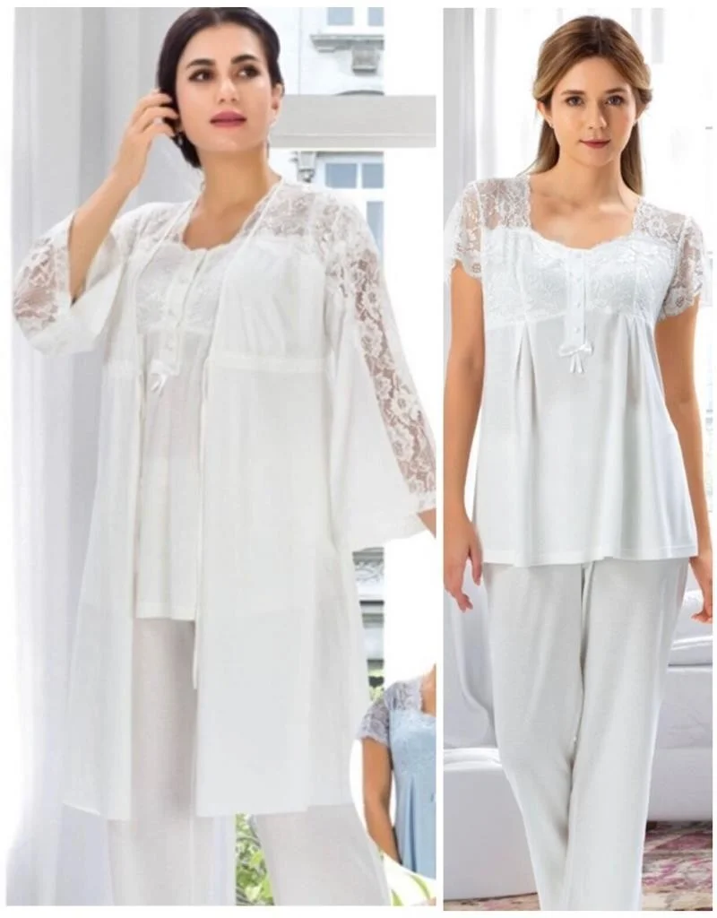دوشيس 3008 Ecru Pregnant Postpartum 3-Piece Pajama Dressing Gown Set
