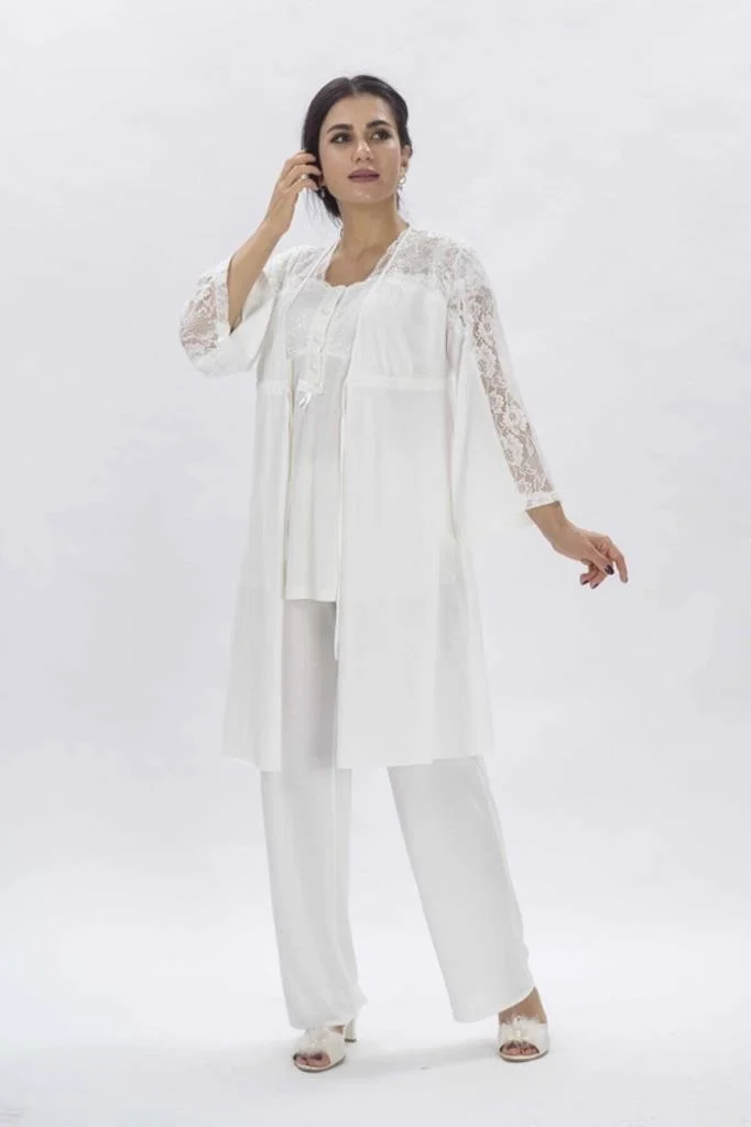 دوشيس 3008 Ecru Pregnant Postpartum 3-Piece Pajama Dressing Gown Set
