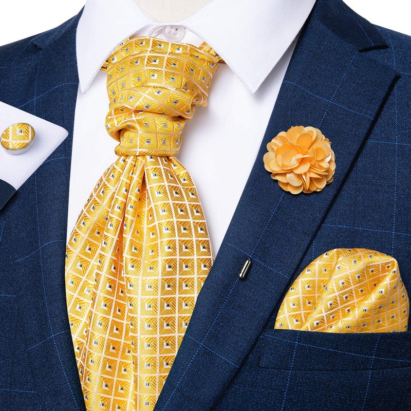 DiBanGu رباط عنق أصفر للرجال من ديبانغو مع منديل جيب وأزرار أكمام ودبوس لابيل من الحرير بنقوش متقاطعة - Image 3
