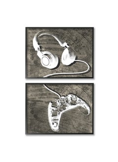 Stupell Industries Kids' Entertainment Accessories Rustic Headphones Video Game Controller, Designed By Daphne Polselli Black Framed Wall Art, 20 X 16, White  - Image 1